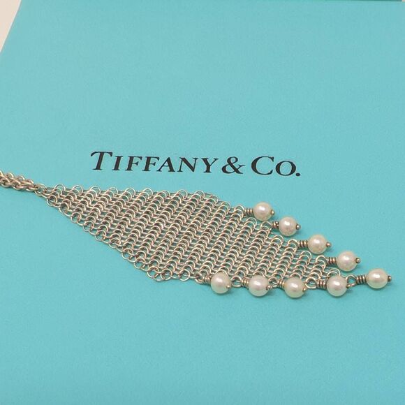 Tiffany Elsa Peretti Mesh Fringe Pendant necklace sterling with small pearls - Picture 2 of 11